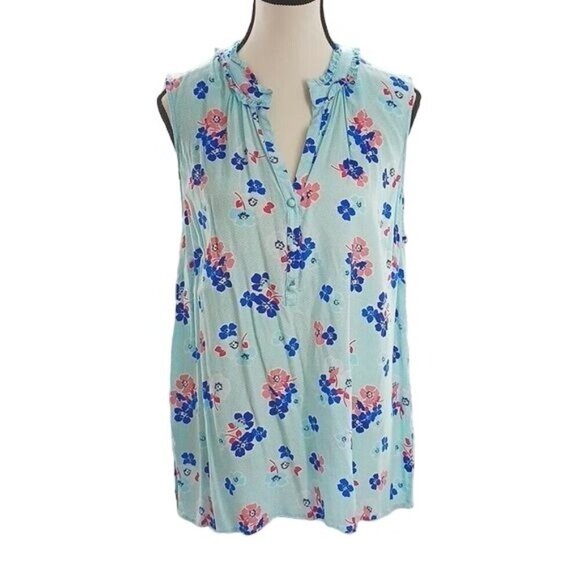Talbots Sleeveless Blouse Womens Plus Size X Aqua Blue Floral Print Ruffle Neck - Picture 1 of 7